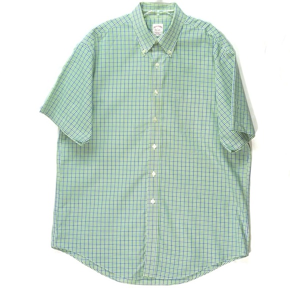 Men's Brooks Brothers Traditional Fit No Iron Short Sleeve‎ Shirt Blue Green L - Picture 1 of 4